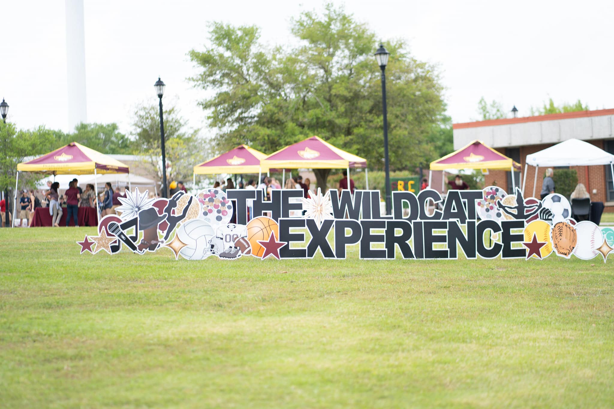 Sign sits across green space with booth tents and people in the background. It says Wildcat Experience with different graphical elements surrounding the words