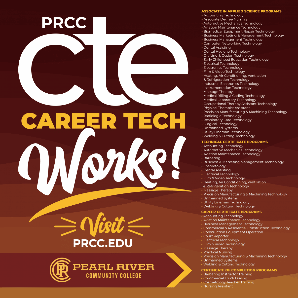 List of all Career Tech Programs at PRCC as of July 2021
