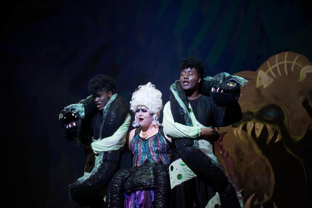 Ursula is flanked by Flotsam and Jetsam at PRCC production of Disney's The Little Mermaid April 2022