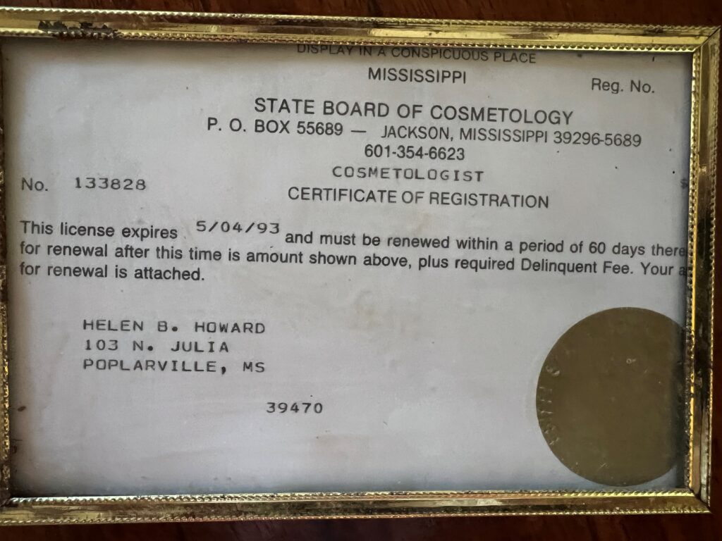 Last Cosmetology License for Helen Moody Beech; shows expiration date of 5/4/93