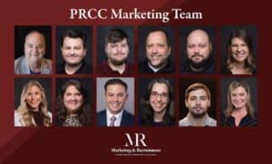 12 individual headshots on maroon background. Text on top reads: PRCC Marketing Team Marketing Recruitment logo on the bottom