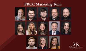 Thirteen headshots of men and women are in three lines across maroon background. PRCC Marketing Team is across the top. MR wordmark for Marketing & Recruitment Pearl River Community College